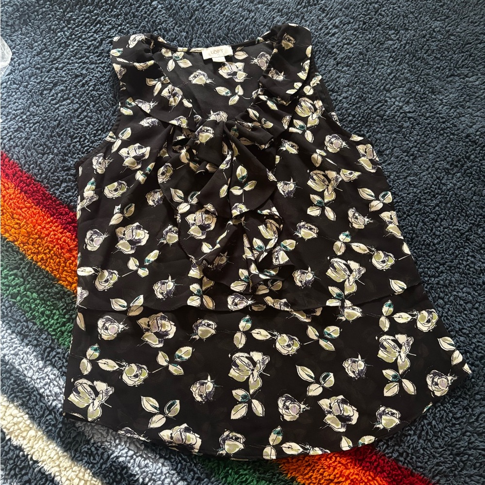 LOFT Black and White Floral Top with ruffles